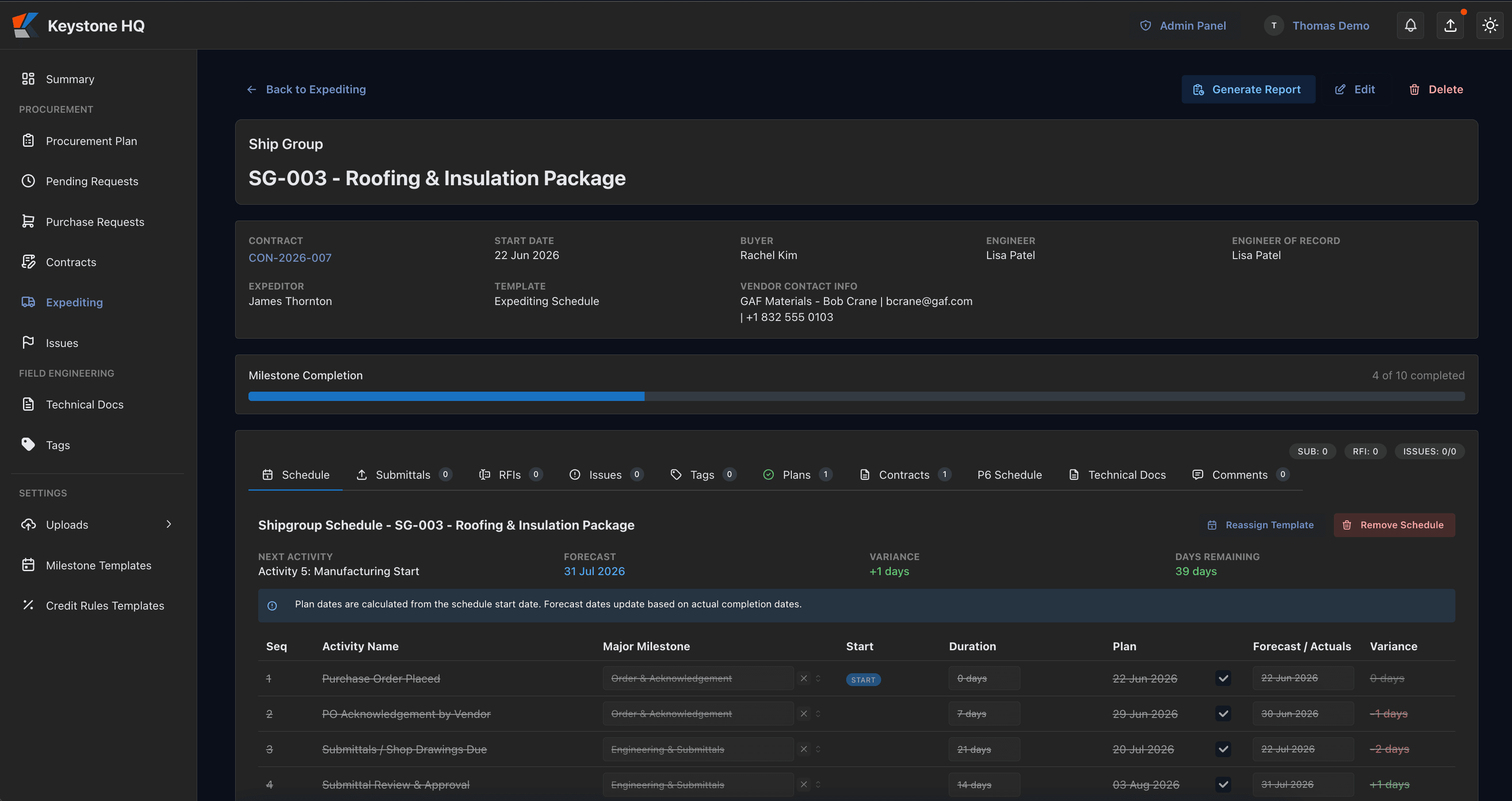 Keystone HQ expediting detail tracking shipment milestones with plan and forecast dates