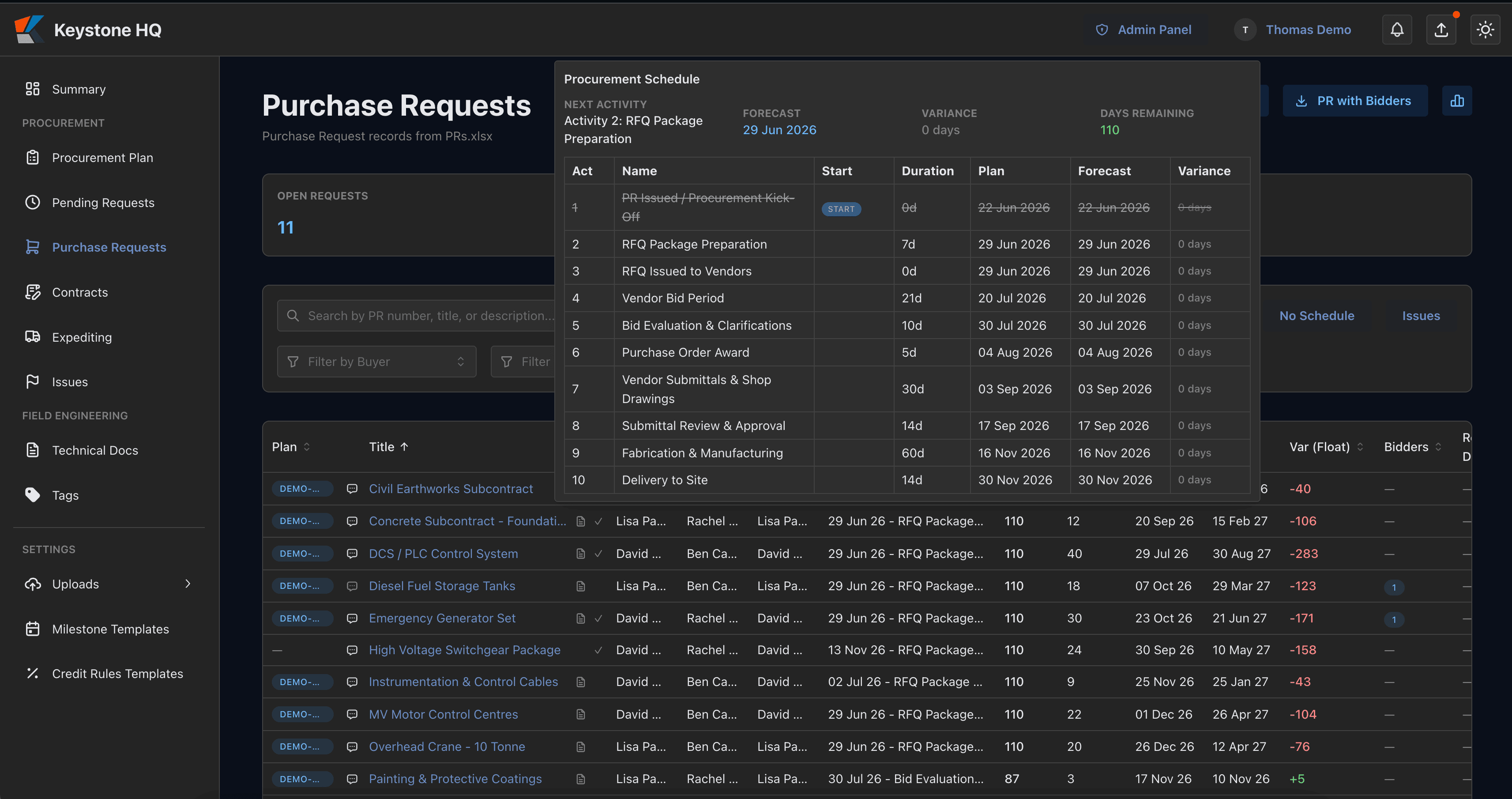 Keystone HQ purchase requests list with status, buyer, engineer, and float columns