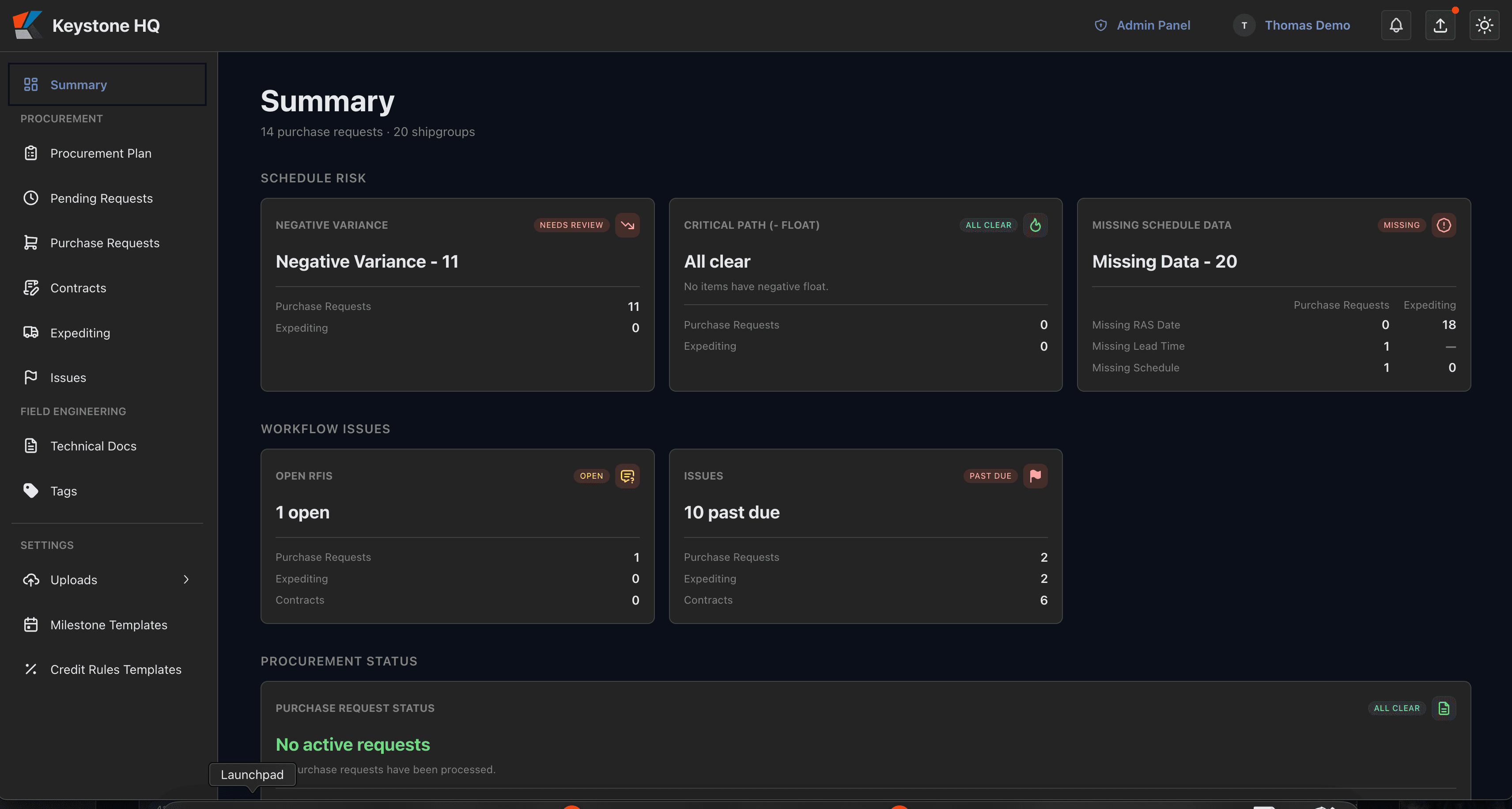 Keystone HQ executive summary dashboard showing schedule, workflow, and procurement KPIs